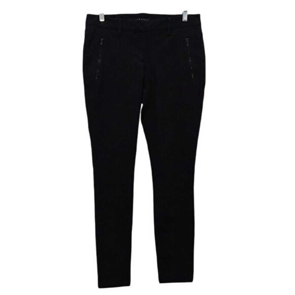 Theory Slim Leg Stretch Pants Size 6 Black Zip Pockets Career Office Made in USA